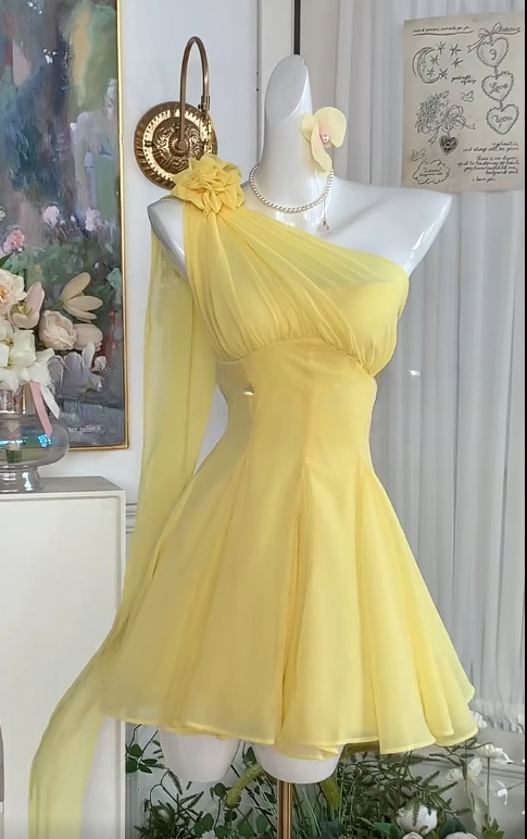 Sweetheart Yellow One Shoulder A-Line Tulle Short Prom Dresses for Birthday&Party RF0885