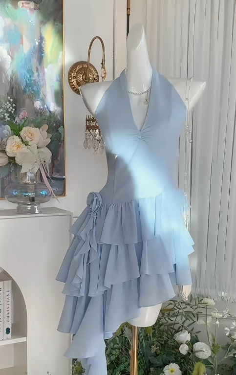 Fashion Blue Halter Sheath Chiffon Short Party Dresses Sweet 16 Birthday Dress RF0886