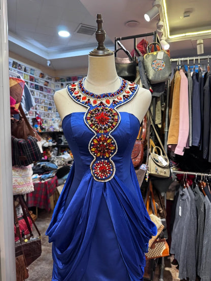 Elegant Blue Round Neck Mermaid Satin Beaded Long Prom Dresses Formal Evening Dresses RF0887