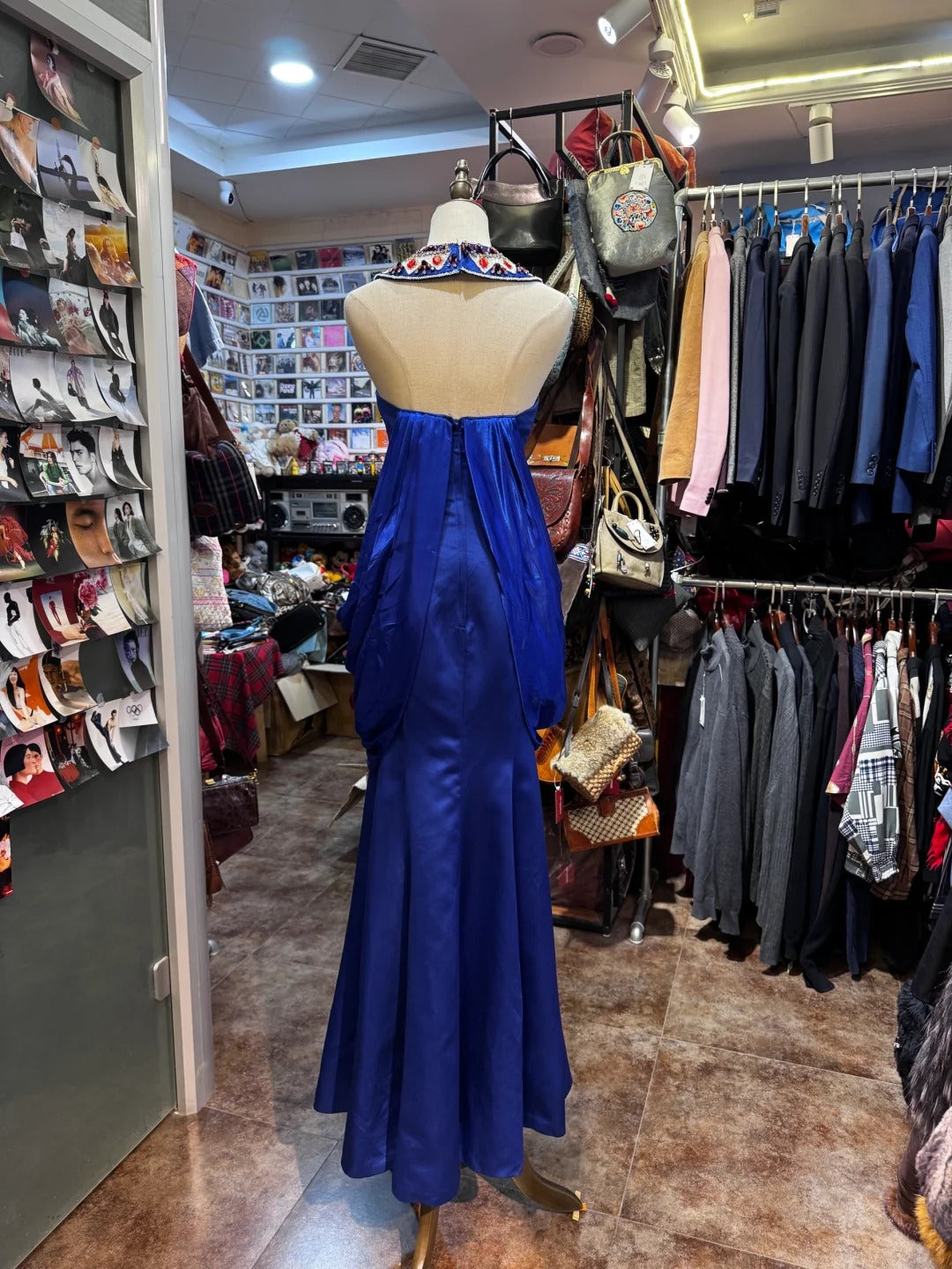 Elegant Blue Round Neck Mermaid Satin Beaded Long Prom Dresses Formal Evening Dresses RF0887