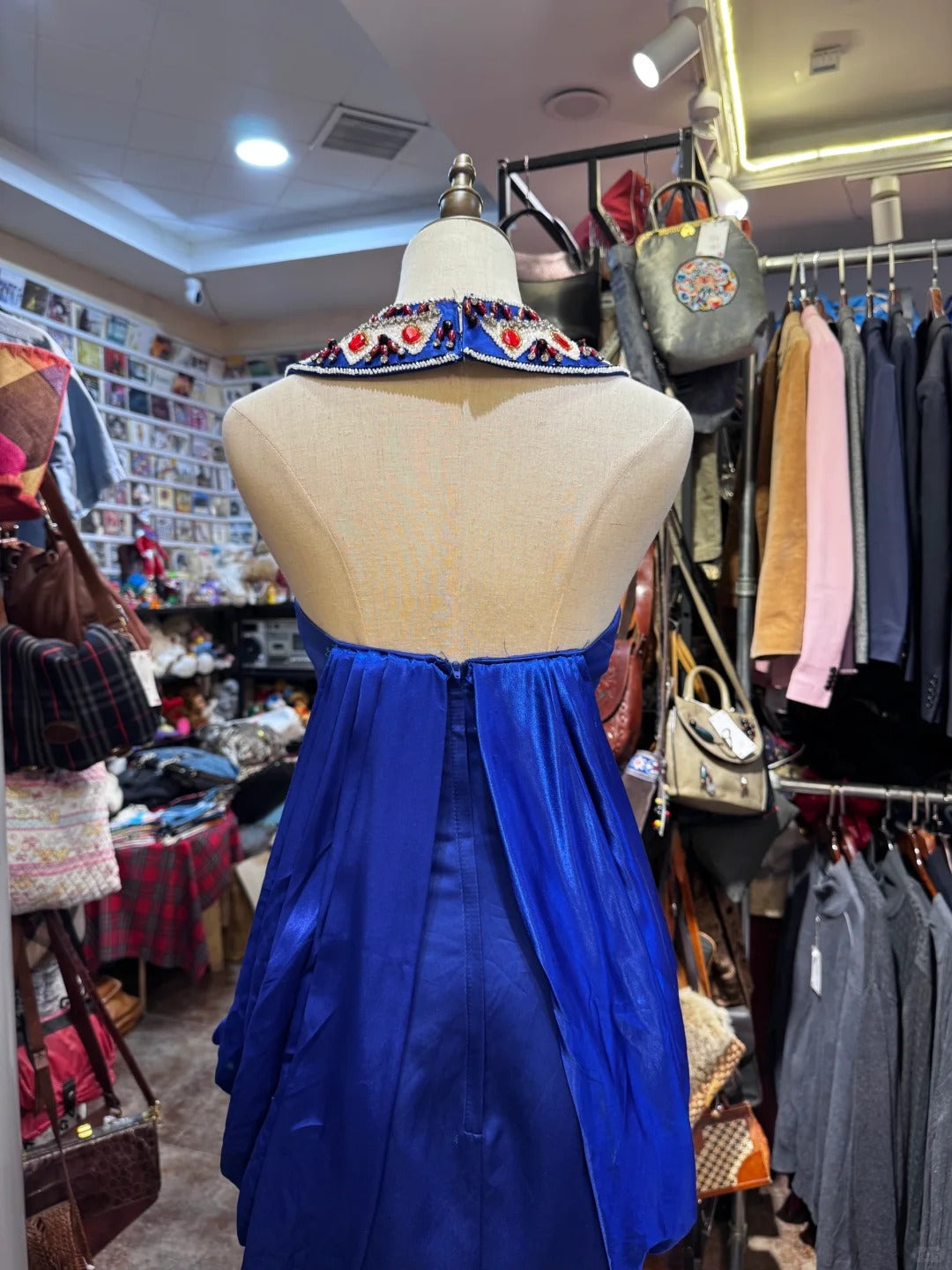 Elegant Blue Round Neck Mermaid Satin Beaded Long Prom Dresses Formal Evening Dresses RF0887