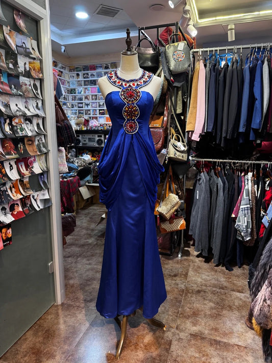 Elegant Blue Round Neck Mermaid Satin Beaded Long Prom Dresses Formal Evening Dresses RF0887