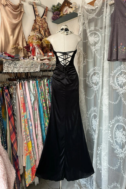 Elegant Black Halter Neck Mermaid Satin Long Evening Gown Gowns Fashion Party Dress RF0888