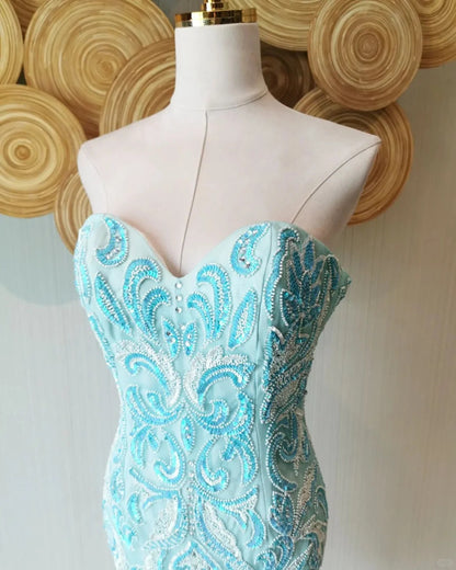 Vintage Blue Strapless Sheath Beaded Short Prom Dresses RF0890