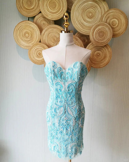 Vintage Blue Strapless Sheath Beaded Short Prom Dresses RF0890