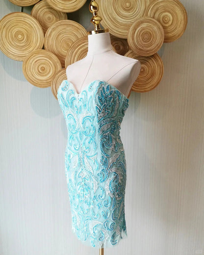 Vintage Blue Strapless Sheath Beaded Short Prom Dresses RF0890