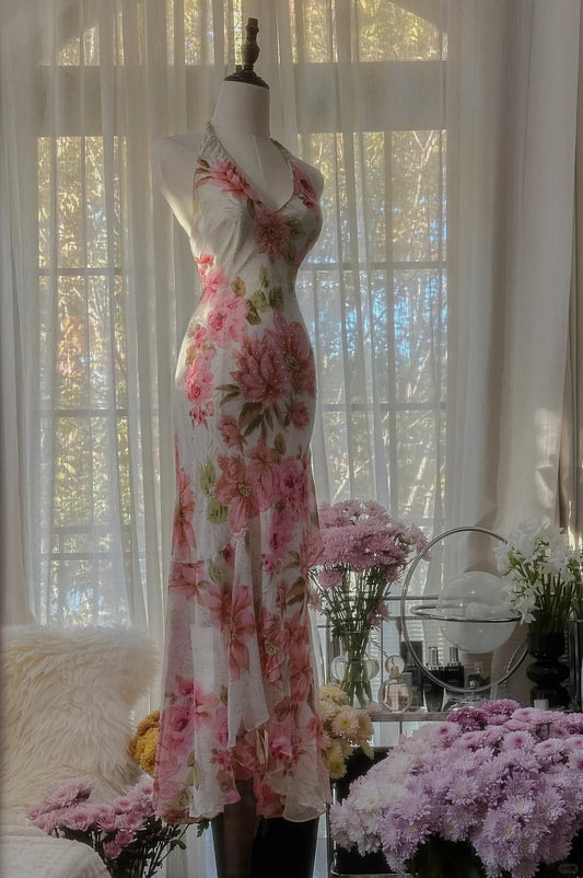 Elegant Printed Chiffon Halter Neck Sheath Prom Dresses Vintage Evening Gowns RF0891