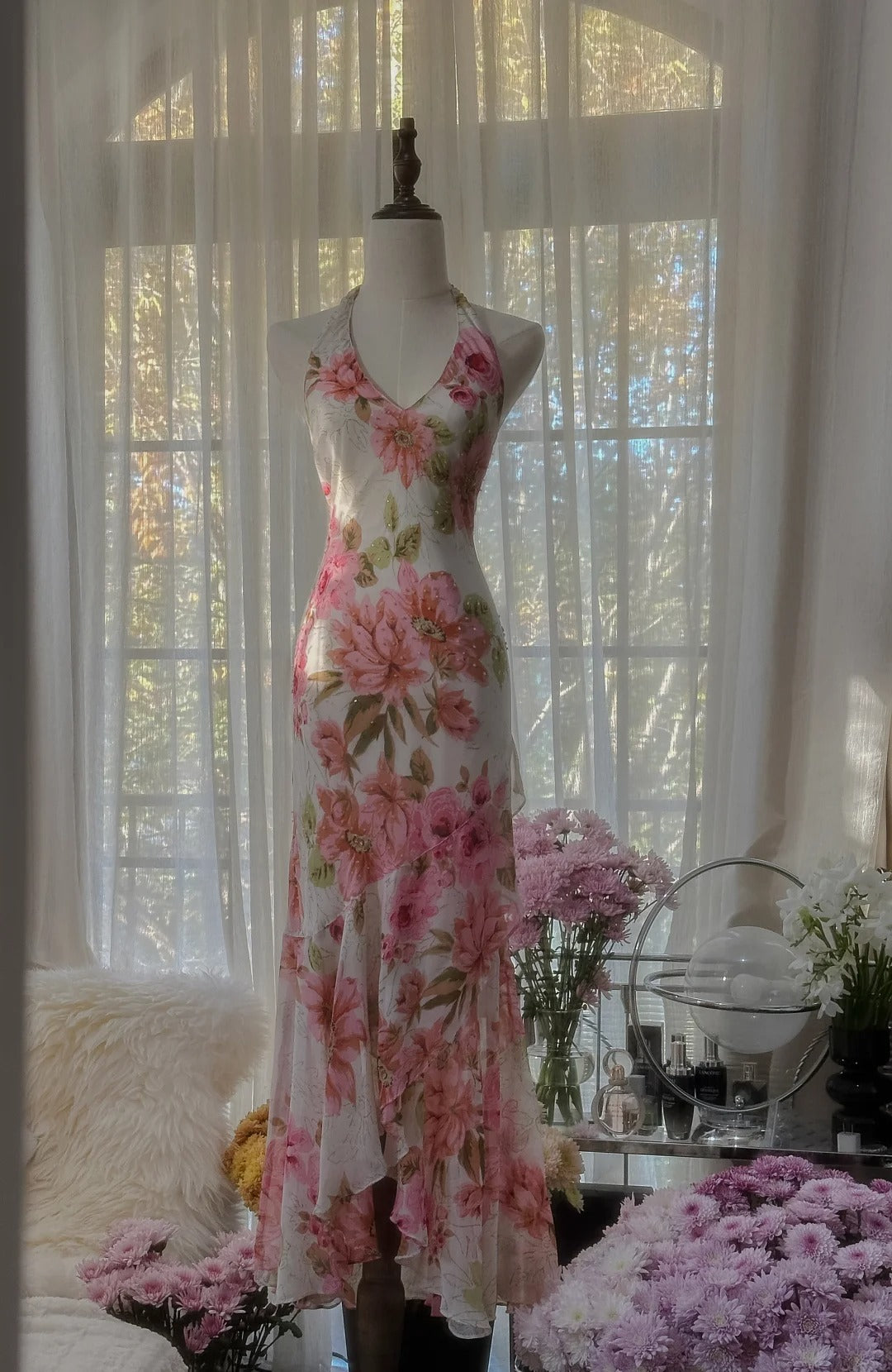 Elegant Printed Chiffon Halter Neck Sheath Prom Dresses Vintage Evening Gowns RF0891