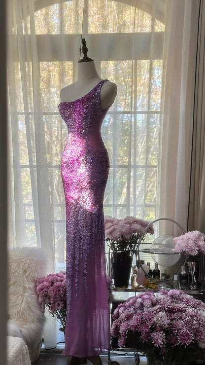 Gorgeous Purple One Shoulder Mermaid Tulle Beaded Long Prom Dresses Formal Evening Dress RF0892