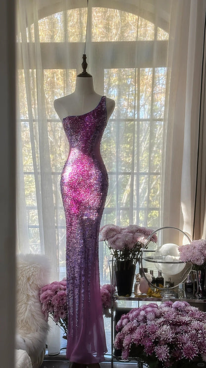Gorgeous Purple One Shoulder Mermaid Tulle Beaded Long Prom Dresses Formal Evening Dress RF0892