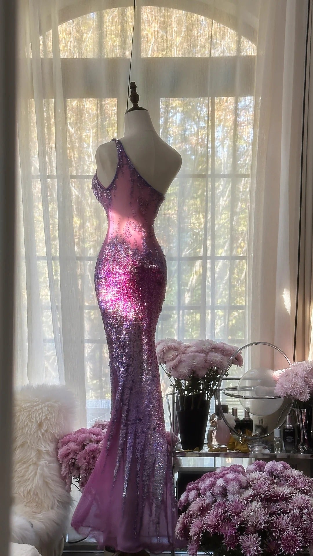 Gorgeous Purple One Shoulder Mermaid Tulle Beaded Long Prom Dresses Formal Evening Dress RF0892