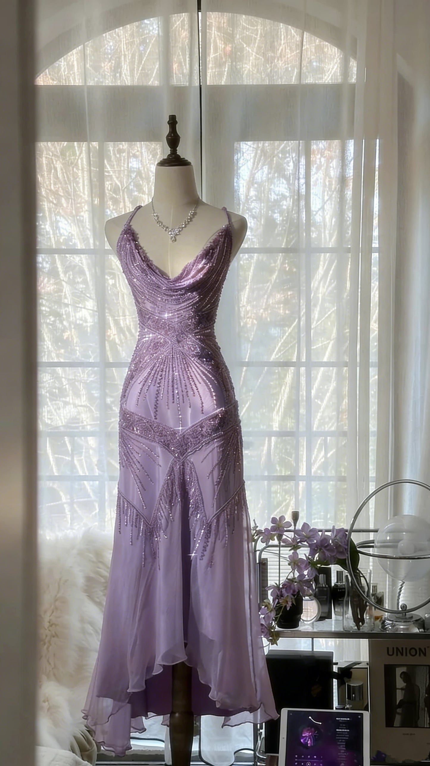 Elegant Dust Pink Spaghetti Straps A-Line Beaded Chiffon Prom Dresses Vintage Evening Dress RF0893