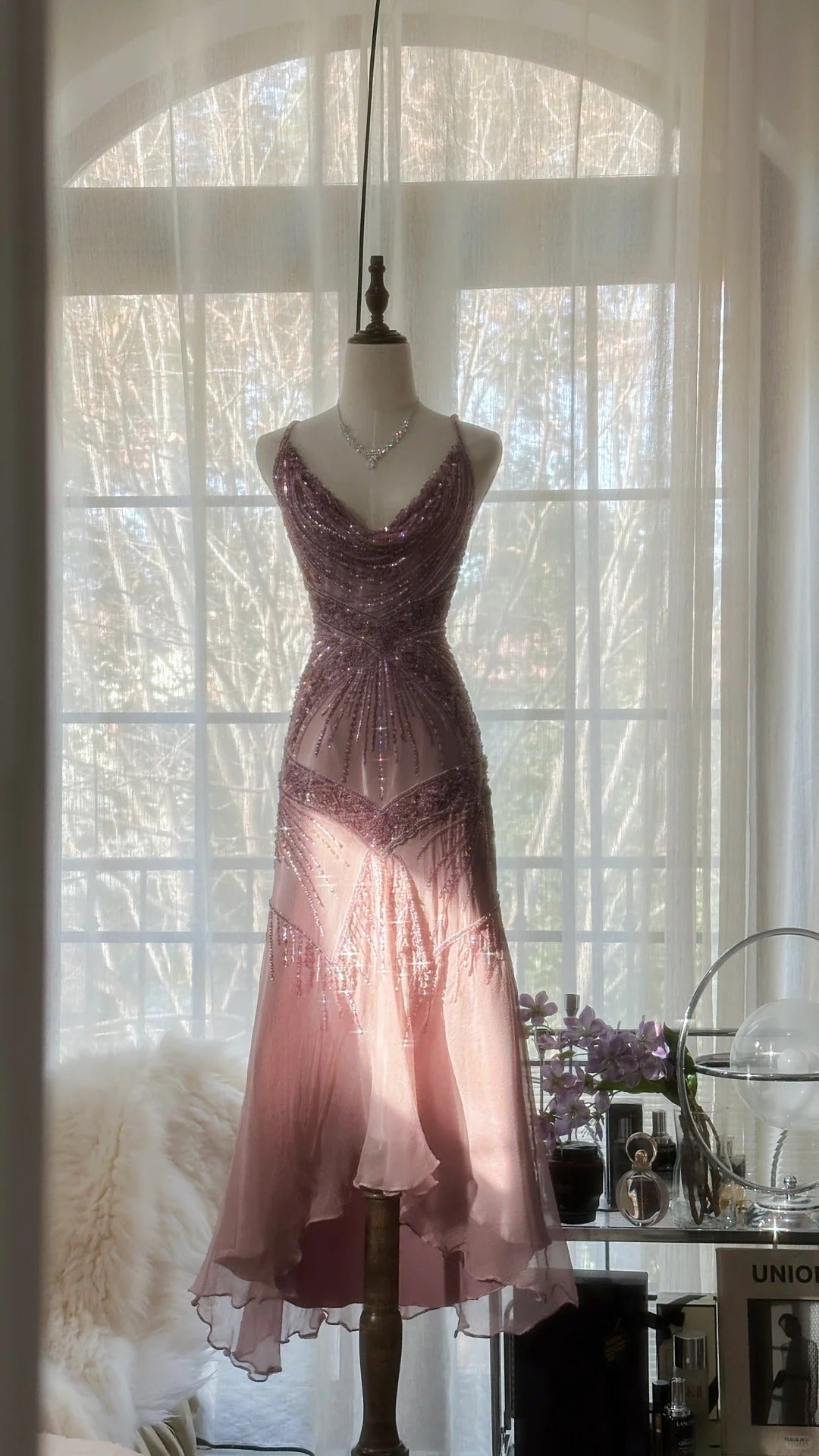 Elegant Dust Pink Spaghetti Straps A-Line Beaded Chiffon Prom Dresses Vintage Evening Dress RF0893