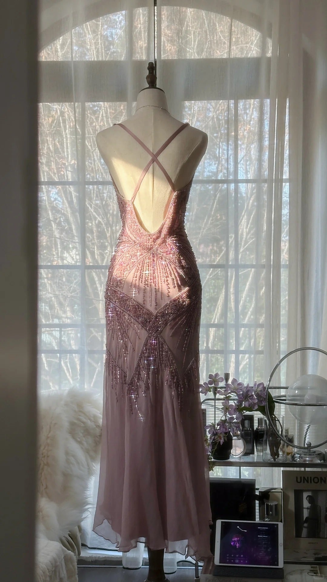 Elegant Dust Pink Spaghetti Straps A-Line Beaded Chiffon Prom Dresses Vintage Evening Dress RF0893