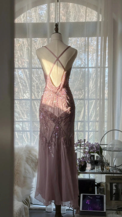 Elegant Dust Pink Spaghetti Straps A-Line Beaded Chiffon Prom Dresses Vintage Evening Dress RF0893