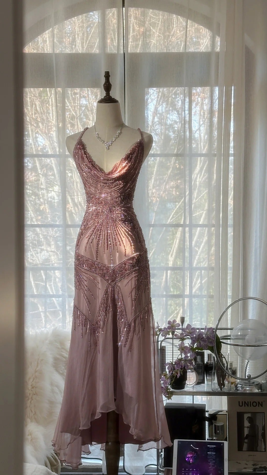 Elegant Dust Pink Spaghetti Straps A-Line Beaded Chiffon Prom Dresses Vintage Evening Dress RF0893