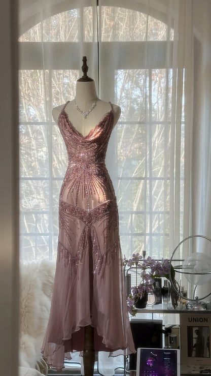 Elegant Dust Pink Spaghetti Straps A-Line Beaded Chiffon Prom Dresses Vintage Evening Dress RF0893