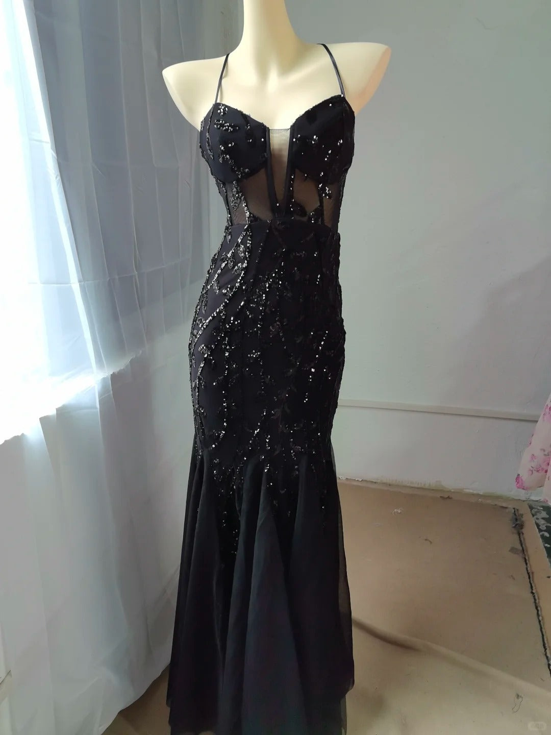 Stunning Black Spaghetti Straps Mermaid Tulle Sequin Prom Dresses Formal Evening Dresses RF0894