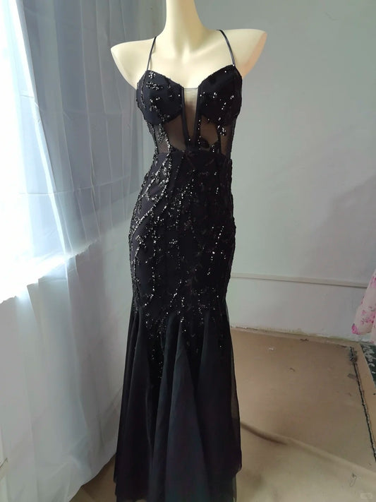 Stunning Black Spaghetti Straps Mermaid Tulle Sequin Prom Dresses Formal Evening Dresses RF0894