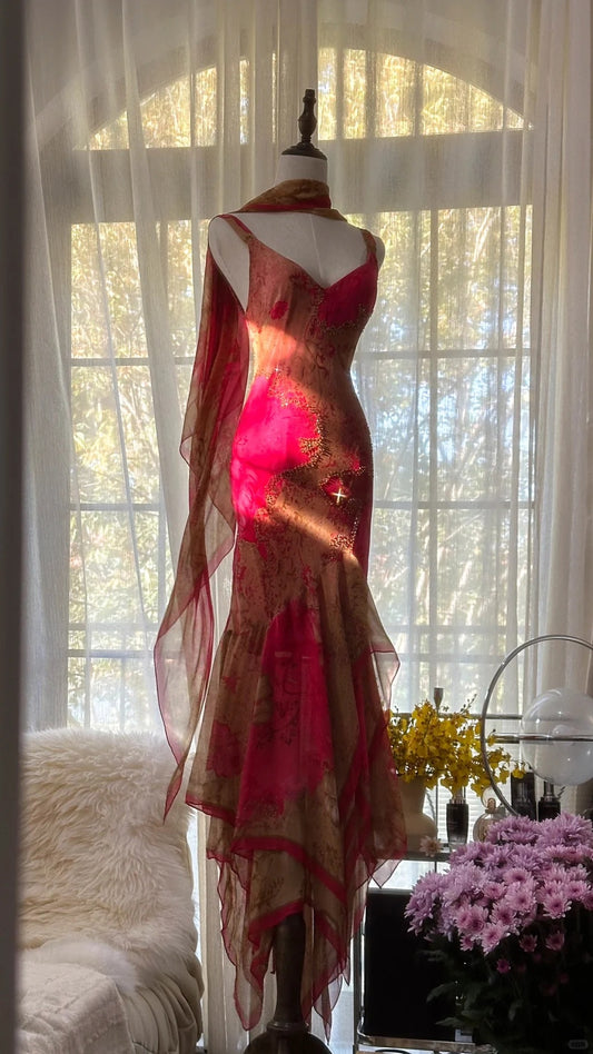 Vintage Red V Neck Mermaid Printed Chiffon Prom Dresses Formal Evening Dresses RF0895