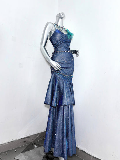 Glitter Spaghetti Straps Navy Blue Mermaid Long Prom Dresses Birthday Evening Dresses RF0896