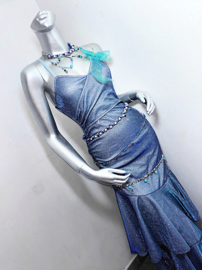 Glitter Spaghetti Straps Navy Blue Mermaid Long Prom Dresses Birthday Evening Dresses RF0896