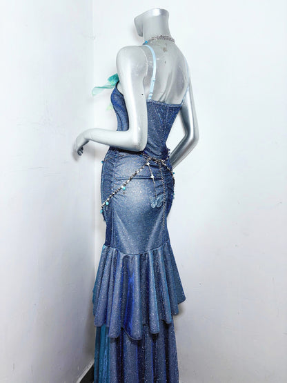 Glitter Spaghetti Straps Navy Blue Mermaid Long Prom Dresses Birthday Evening Dresses RF0896