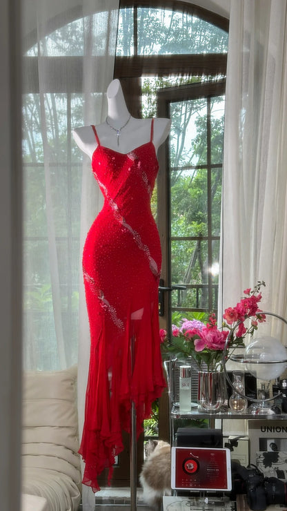 Elegant Red Spaghetti Straps Sheath Chiffon Beading Short Prom Dresses Party Dress RF0899