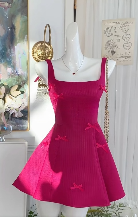 Sweet Square Neck Dark Pink A-Line Short Prom Dresses Birthday Party Dress RF0903