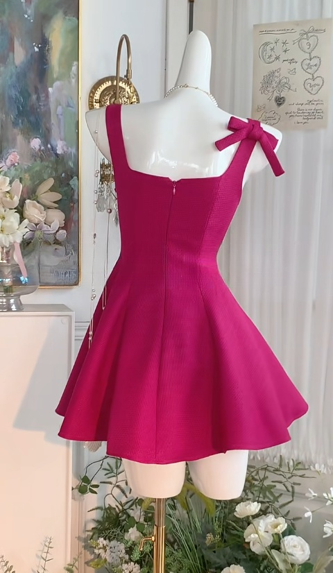 Sweet Square Neck Dark Pink A-Line Short Prom Dresses Birthday Party Dress RF0903