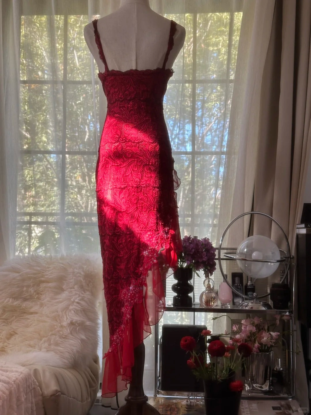 Elegant Red Spaghetti Straps Sheath Lace Chiffon Short Prom Dresses Vintage Evening Gowns RF0909