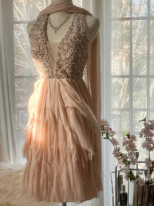 Gorgeous Blush V-neck Sheath Beaded Chiffon Short Prom Dresses Sweet 16 Dress RF0910