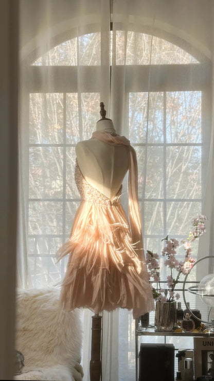 Gorgeous Blush V-neck Sheath Beaded Chiffon Short Prom Dresses Sweet 16 Dress RF0910