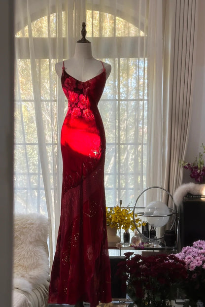 Gorgeous Red Spaghetti Straps Mermaid Evening Gowns Printed Chiffon Long Prom Dress RF0915
