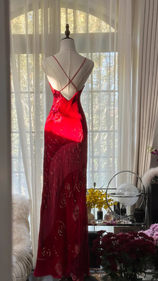 Gorgeous Red Spaghetti Straps Mermaid Evening Gowns Printed Chiffon Long Prom Dress RF0915