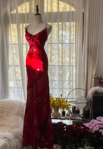 Gorgeous Red Spaghetti Straps Mermaid Evening Gowns Printed Chiffon Long Prom Dress RF0915