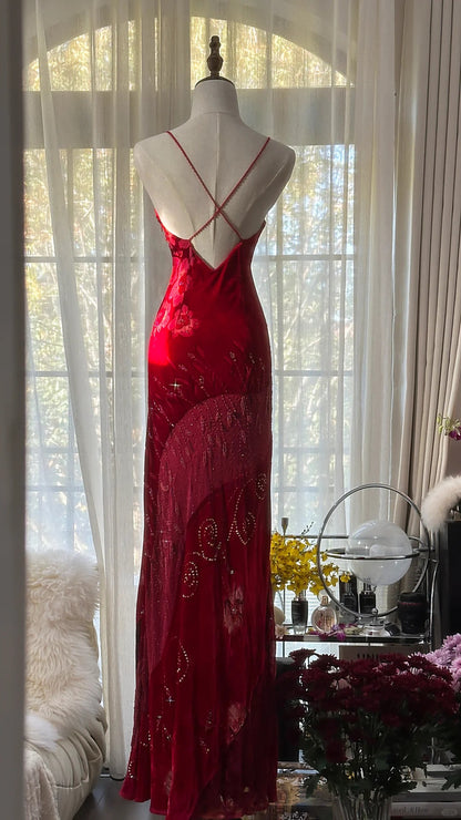 Gorgeous Red Spaghetti Straps Mermaid Evening Gowns Printed Chiffon Long Prom Dress RF0915