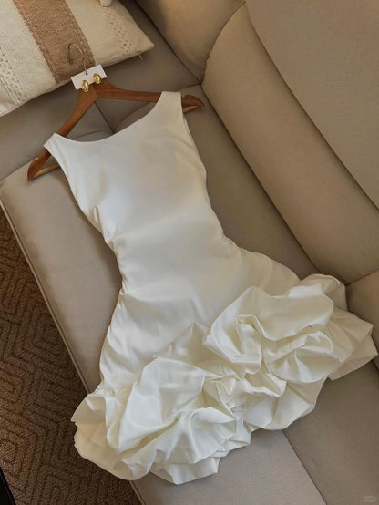Elegant White Boat Neck A-Line Satin Short Party Dress RF0916