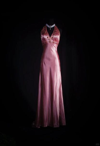 Gorgeous Pink Halter Neck Sheath Beaded Satin Long Prom Dresses Elegant Evening Gowns RF0925