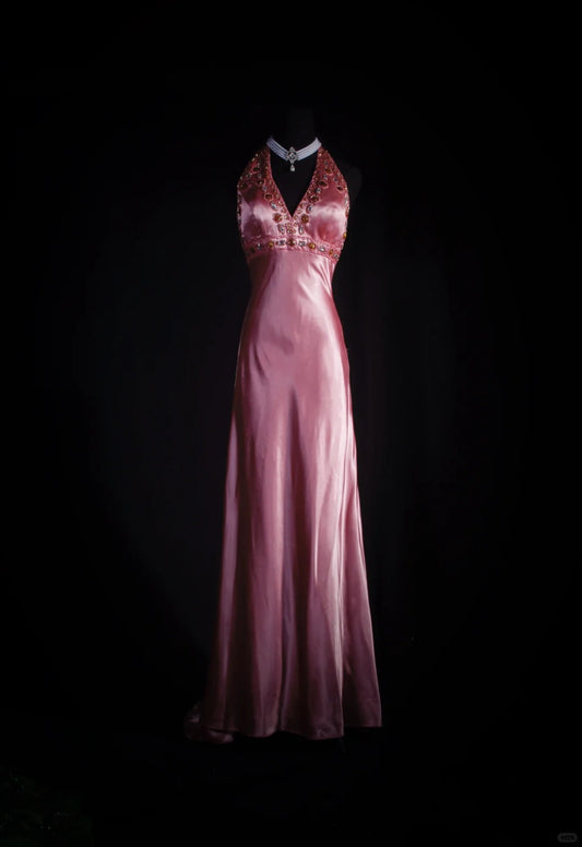 Gorgeous Pink Halter Neck Sheath Beaded Satin Long Prom Dresses Elegant Evening Gowns RF0925