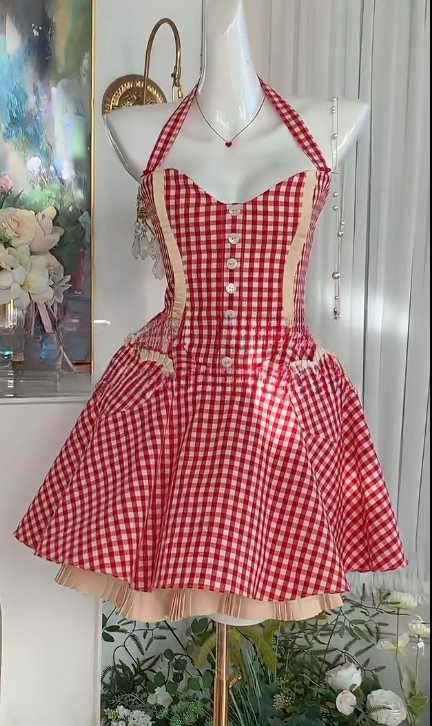 Fashion Halter Red Plaid Sweet Party Outfit RF0926