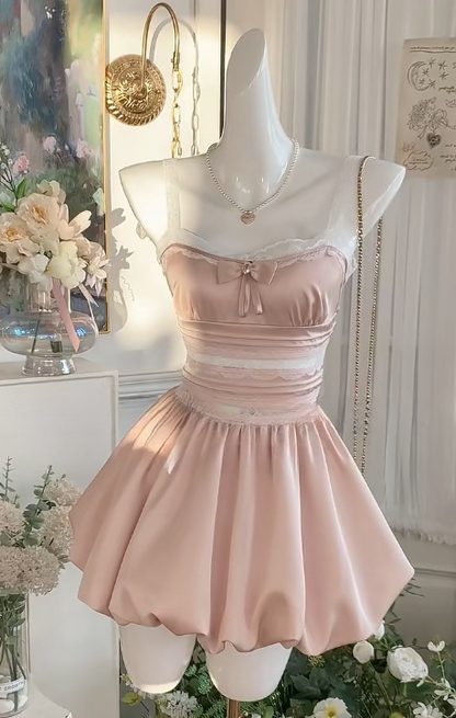Sweet Pink Spaghetti Straps A-Line Lace Satin Birthday Dress with Bow Fashion Homecoming Dress RF0929