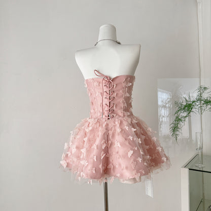 Sweet Pink Strapless A-Line Tulle Prom Dresses Cute Evening Dresses with Dress 3D Butterflies RF0933