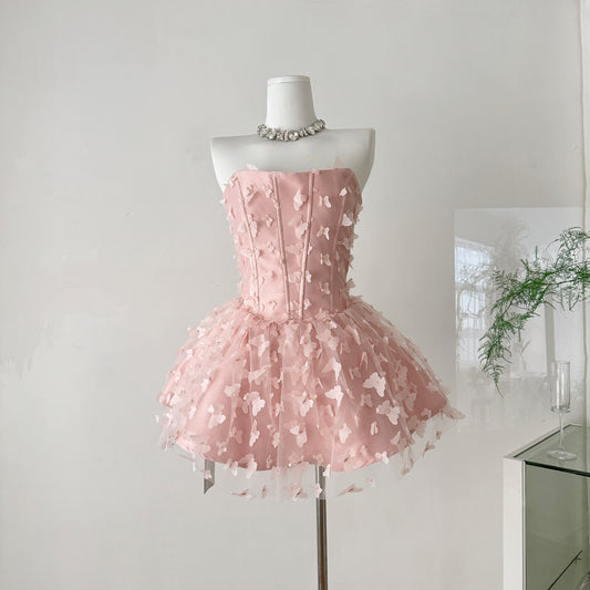 Sweet Pink Strapless A-Line Tulle Prom Dresses Cute Evening Dresses with Dress 3D Butterflies RF0933