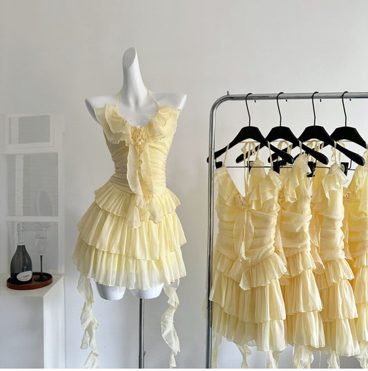 Chic Butter Yellow Halter Neck A-Line Net sh Short Birthday Party Dress RF0936