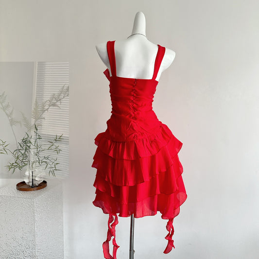 Elegant Red Spaghetti Straps A-Line Chiffon Ruffle Short Outdoor Party Dress RF0940