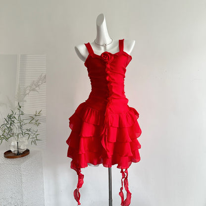 Elegant Red Spaghetti Straps A-Line Chiffon Ruffle Short Outdoor Party Dress RF0940