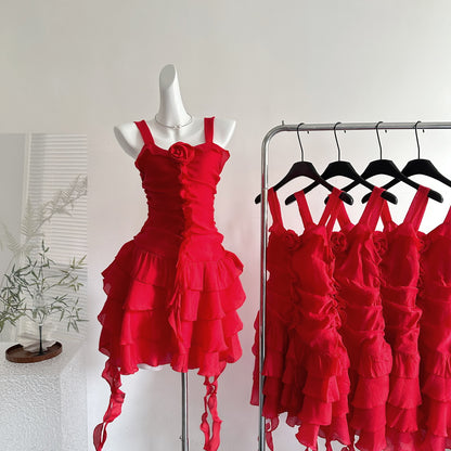 Elegant Red Spaghetti Straps A-Line Chiffon Ruffle Short Outdoor Party Dress RF0940