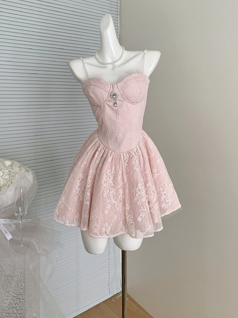 Sweet Pink Spaghetti Straps A-Line Lace Short Stunning Prom Dresses Birthday Party Dress RF0941