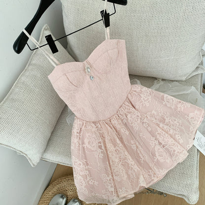Sweet Pink Spaghetti Straps A-Line Lace Short Stunning Prom Dresses Birthday Party Dress RF0941